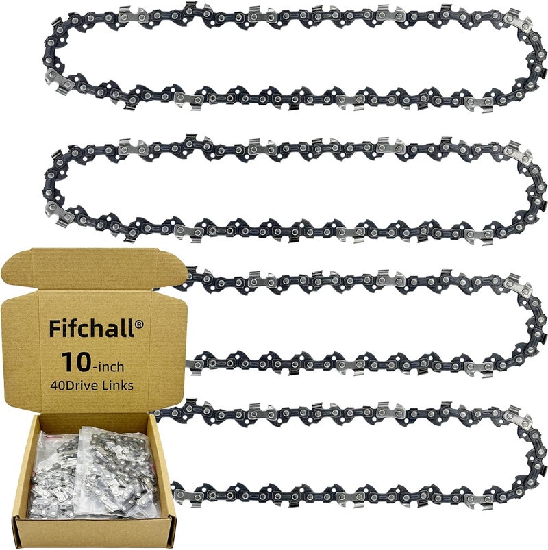 Fifchall 4 Pack 10 Inch Chainsaw Chain S40 3/8" LP Pitch .050" Gauge 40 Drive Links, 10-inch Replacement Chains Fits Remington, Greenwork, Sunjoe, Worx, Craftsman and More - Image 1
